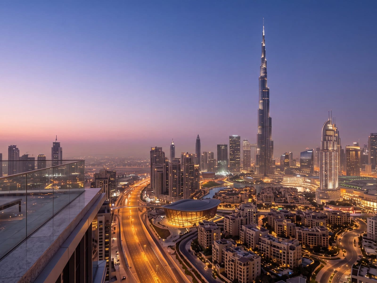 Downtown Dubai at blue hour seen from a high terrace, with the lit Dubai Opera below the Burj Khalifa