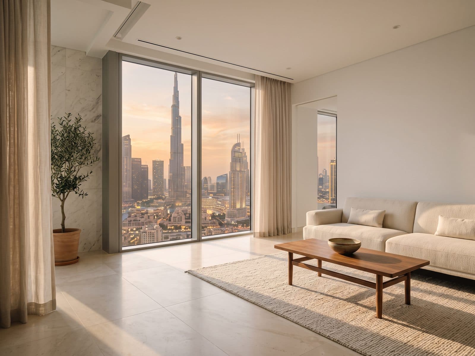 A calm living room on a high floor, with the Burj Khalifa and Downtown Dubai through the window at sunset